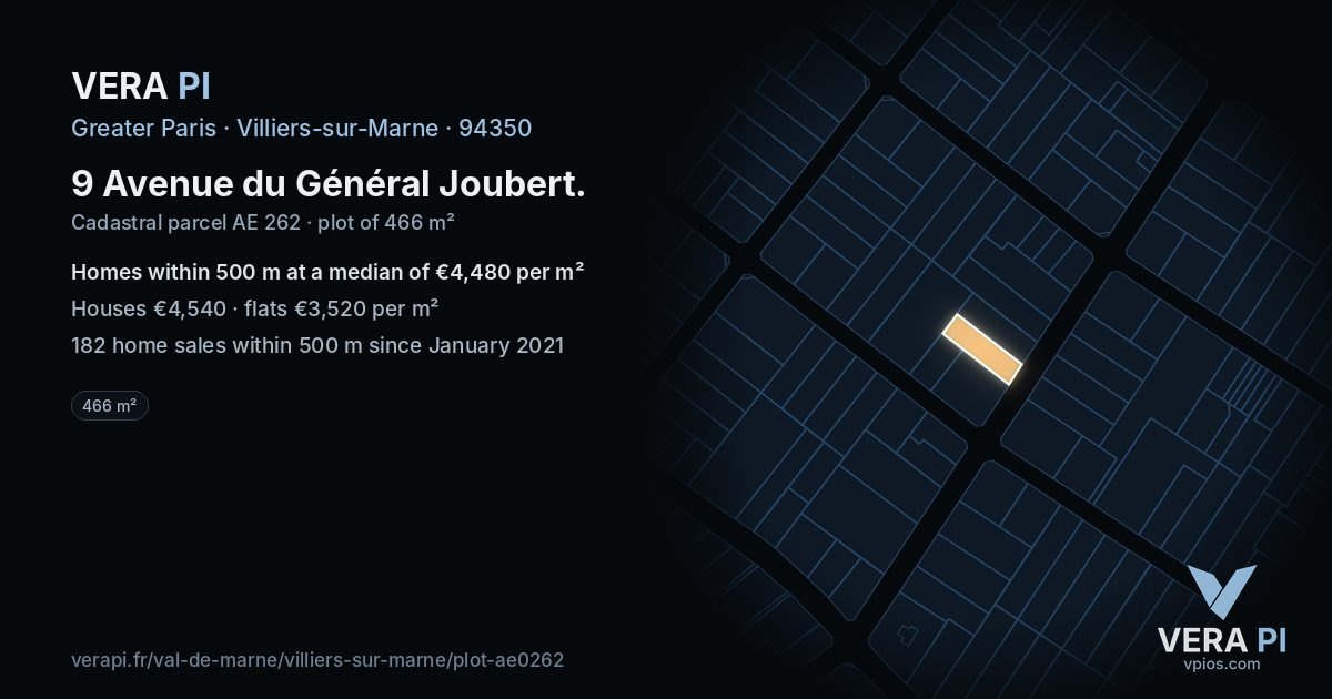 9 Avenue du Général Joubert, Villiers-sur-Marne at night – the plot lit, the parcels around coloured by the prices near them