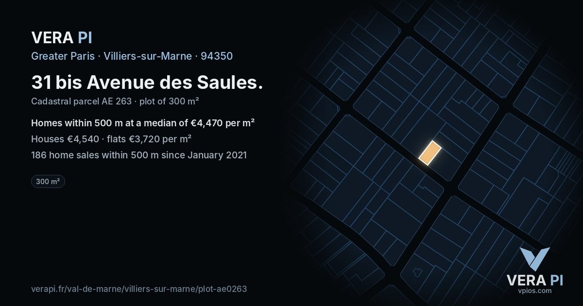 31 bis Avenue des Saules, Villiers-sur-Marne at night – the plot lit, the parcels around coloured by the prices near them
