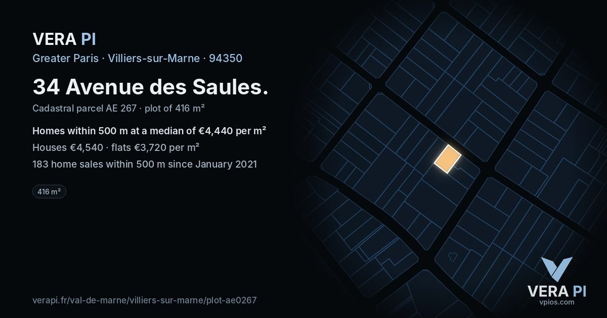 34 Avenue des Saules, Villiers-sur-Marne at night – the plot lit, the parcels around coloured by the prices near them