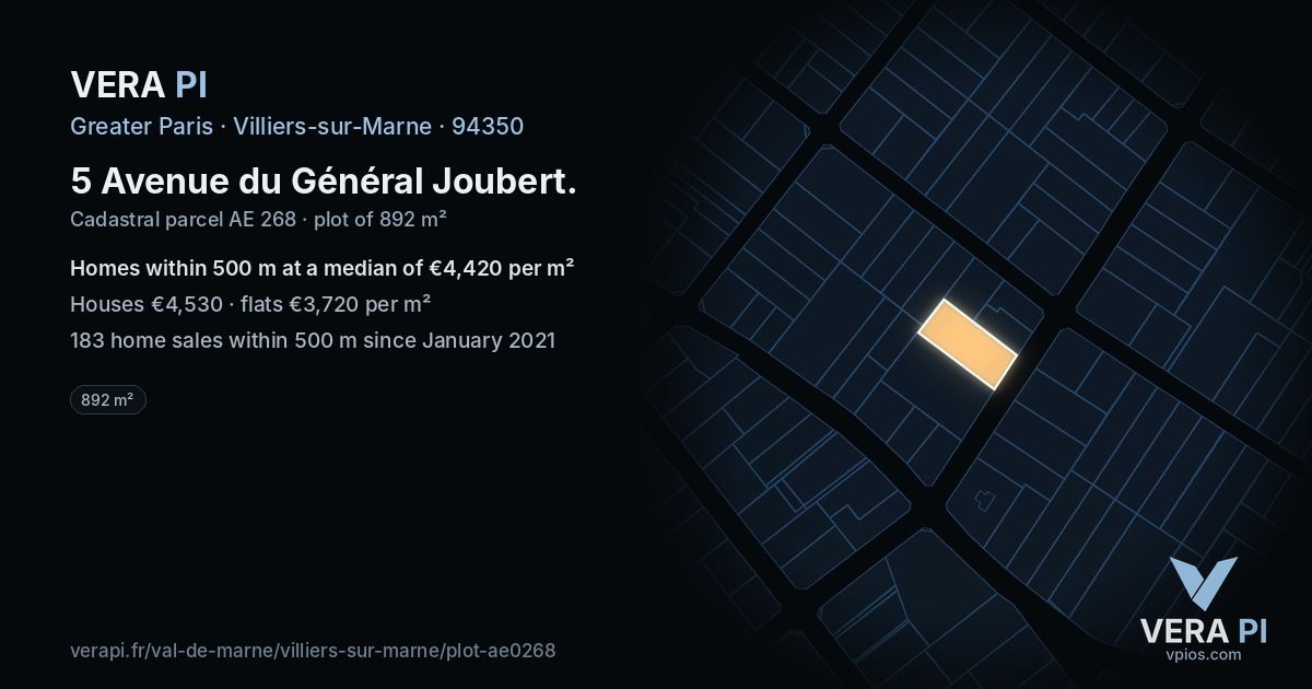 5 Avenue du Général Joubert, Villiers-sur-Marne at night – the plot lit, the parcels around coloured by the prices near them