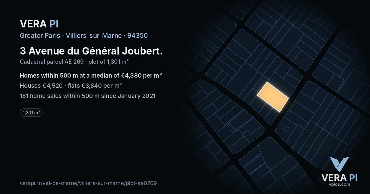3 Avenue du Général Joubert, Villiers-sur-Marne at night – the plot lit, the parcels around coloured by the prices near them