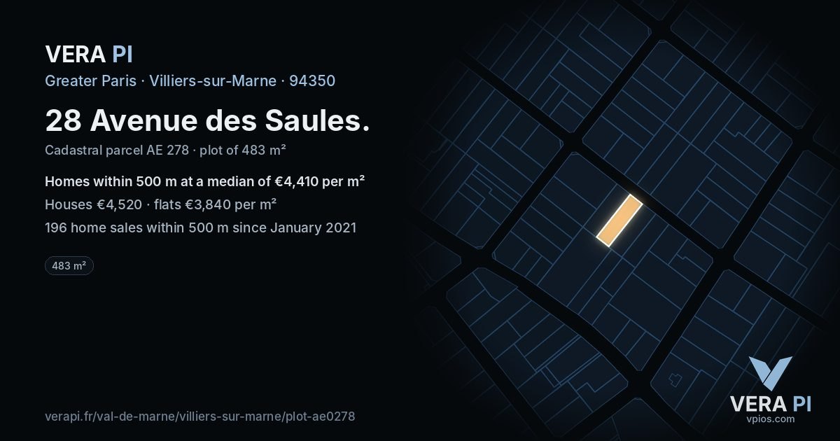 28 Avenue des Saules, Villiers-sur-Marne at night – the plot lit, the parcels around coloured by the prices near them