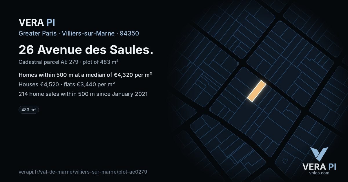 26 Avenue des Saules, Villiers-sur-Marne at night – the plot lit, the parcels around coloured by the prices near them