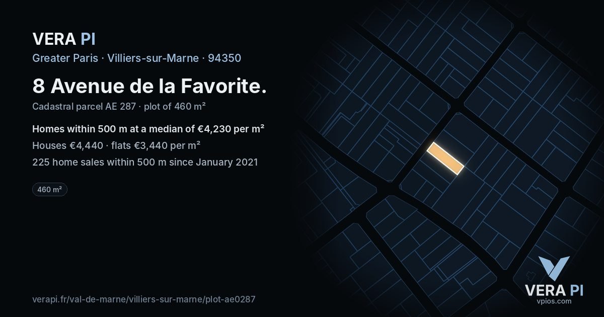 8 Avenue de la Favorite, Villiers-sur-Marne at night – the plot lit, the parcels around coloured by the prices near them