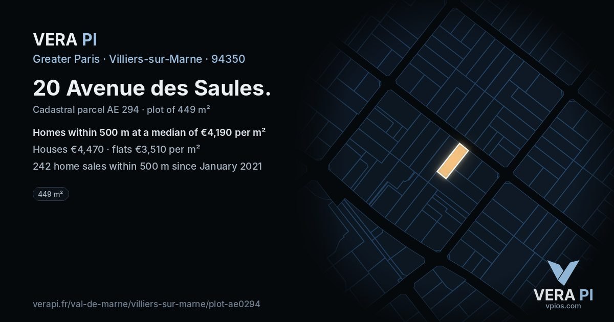 20 Avenue des Saules, Villiers-sur-Marne at night – the plot lit, the parcels around coloured by the prices near them