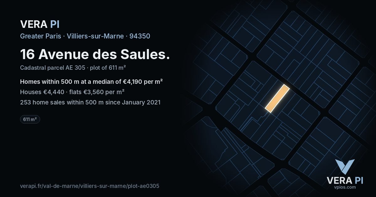 16 Avenue des Saules, Villiers-sur-Marne at night – the plot lit, the parcels around coloured by the prices near them