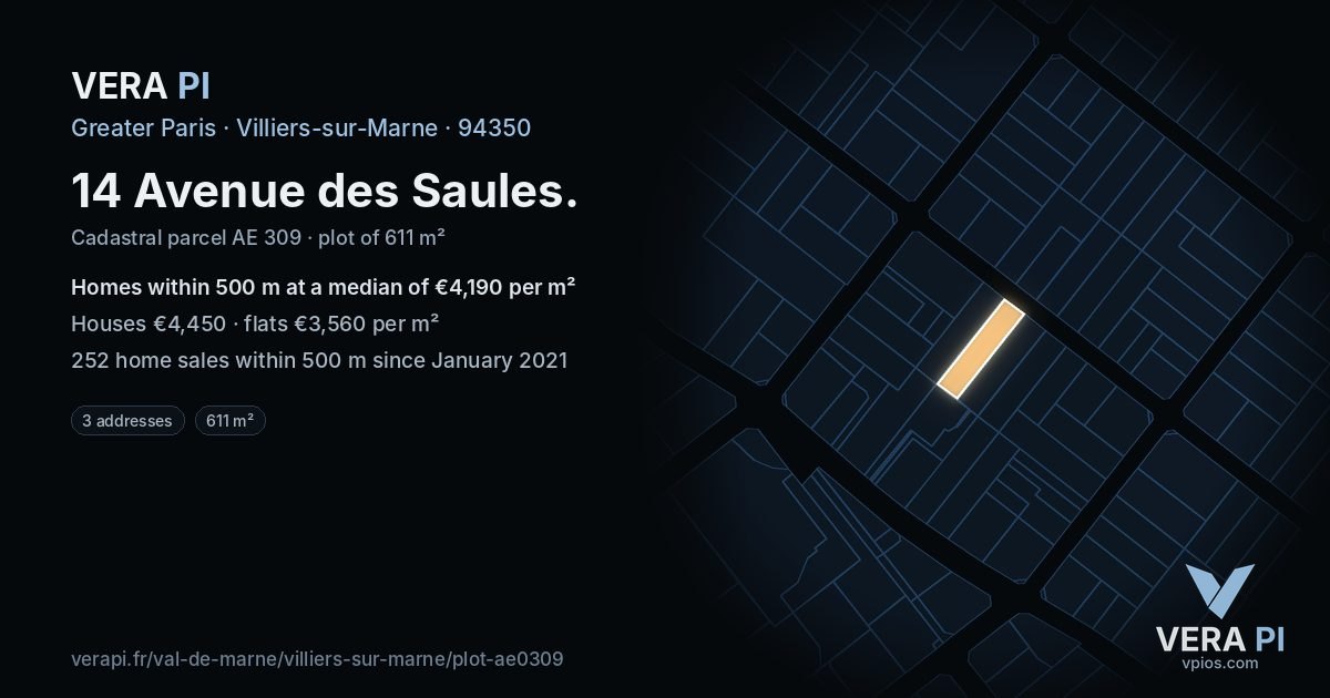 14 Avenue des Saules, Villiers-sur-Marne at night – the plot lit, the parcels around coloured by the prices near them