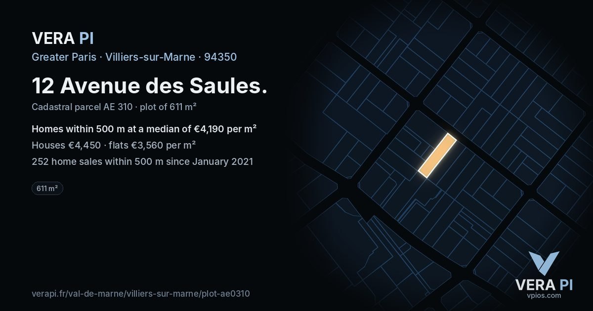 12 Avenue des Saules, Villiers-sur-Marne at night – the plot lit, the parcels around coloured by the prices near them