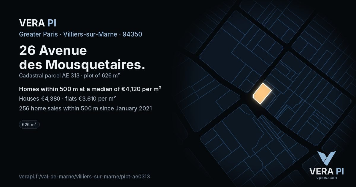 26 Avenue des Mousquetaires, Villiers-sur-Marne at night – the plot lit, the parcels around coloured by the prices near them