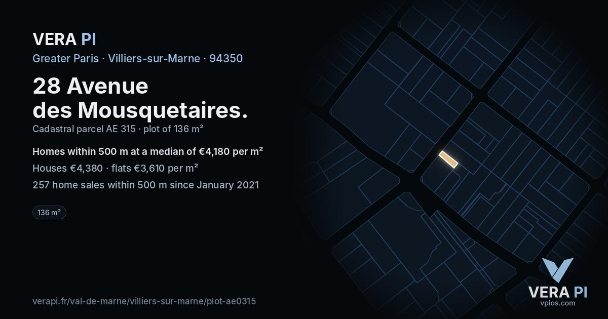 28 Avenue des Mousquetaires, Villiers-sur-Marne at night – the plot lit, the parcels around coloured by the prices near them