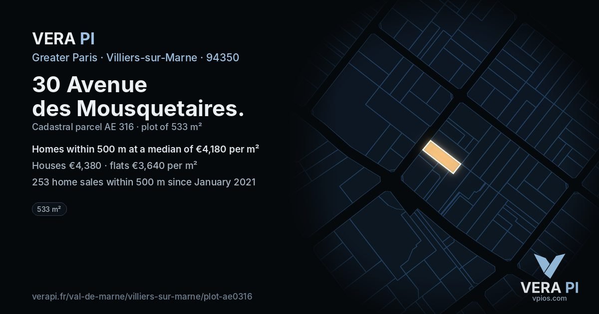 30 Avenue des Mousquetaires, Villiers-sur-Marne at night – the plot lit, the parcels around coloured by the prices near them