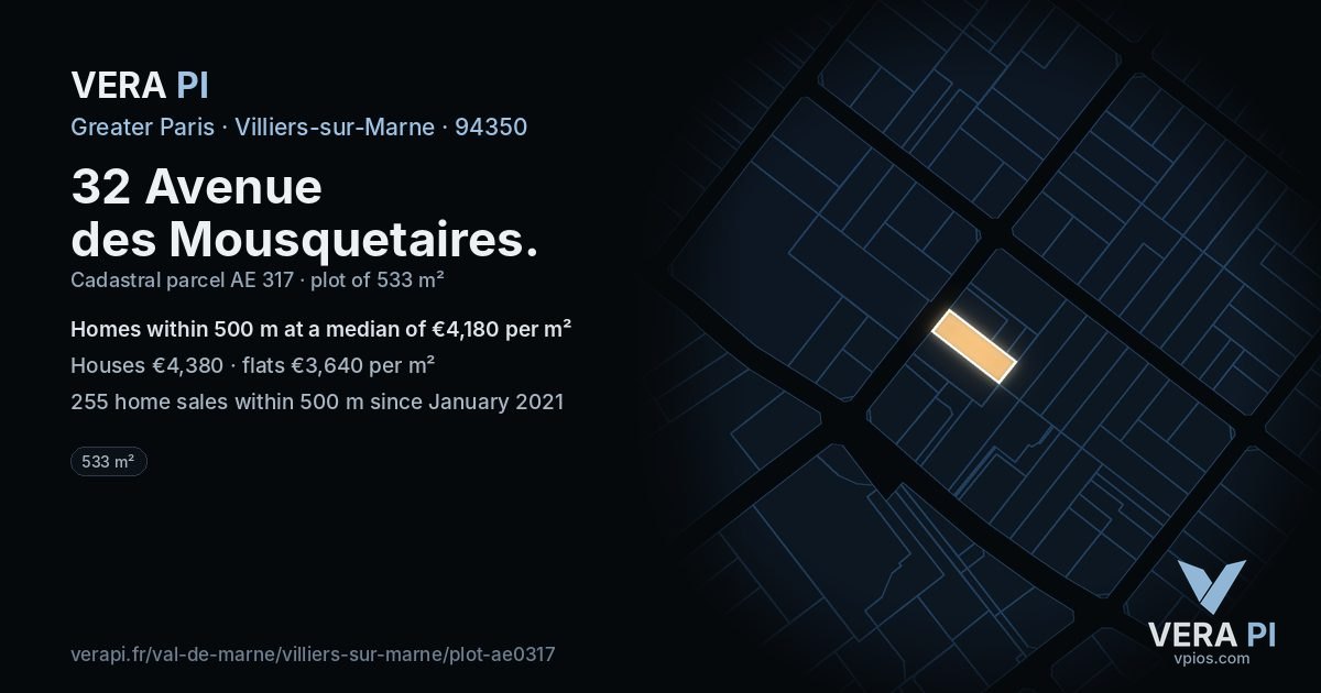 32 Avenue des Mousquetaires, Villiers-sur-Marne at night – the plot lit, the parcels around coloured by the prices near them