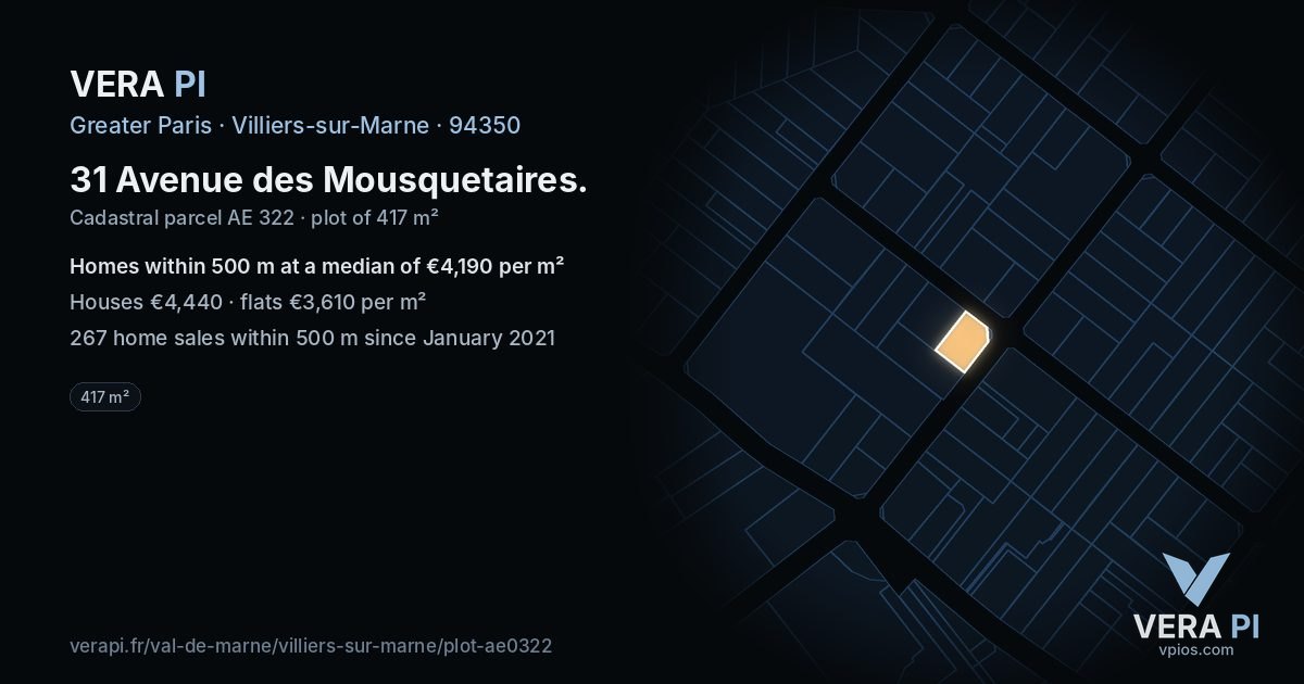 31 Avenue des Mousquetaires, Villiers-sur-Marne at night – the plot lit, the parcels around coloured by the prices near them