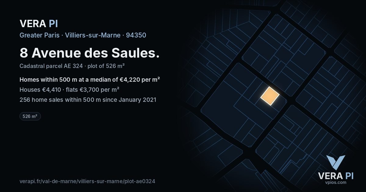 8 Avenue des Saules, Villiers-sur-Marne at night – the plot lit, the parcels around coloured by the prices near them