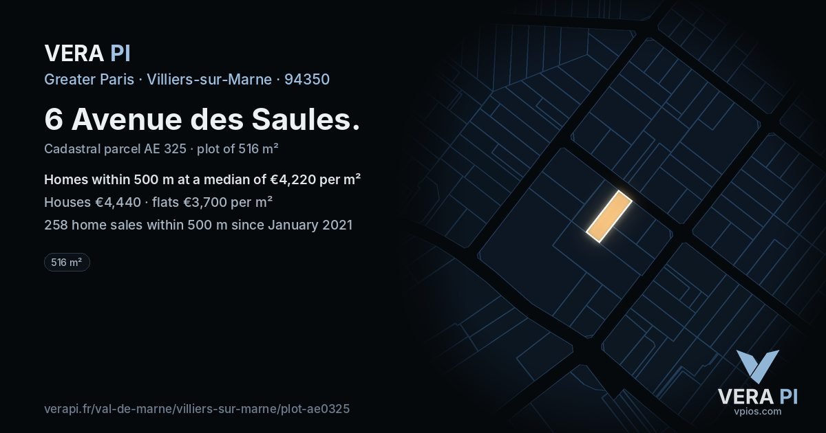 6 Avenue des Saules, Villiers-sur-Marne at night – the plot lit, the parcels around coloured by the prices near them