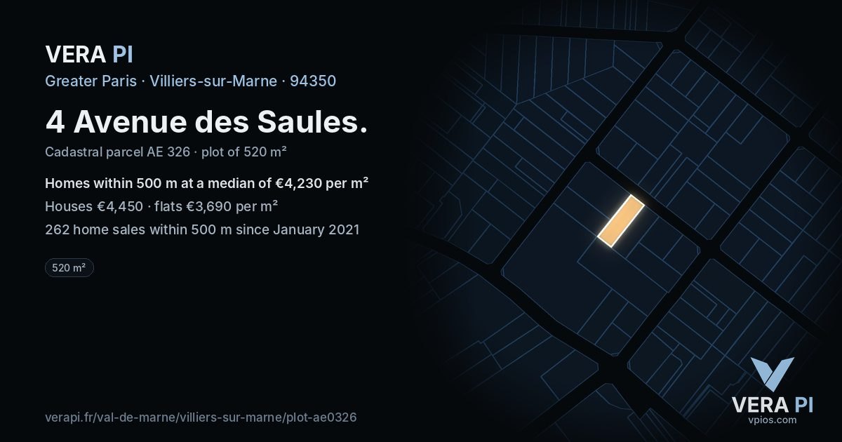 4 Avenue des Saules, Villiers-sur-Marne at night – the plot lit, the parcels around coloured by the prices near them
