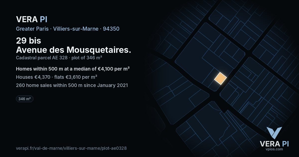 29 bis Avenue des Mousquetaires, Villiers-sur-Marne at night – the plot lit, the parcels around coloured by the prices near them