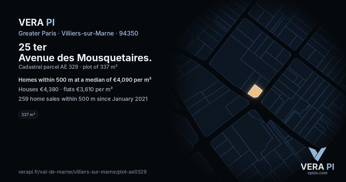 25 ter Avenue des Mousquetaires, Villiers-sur-Marne at night – the plot lit, the parcels around coloured by the prices near them