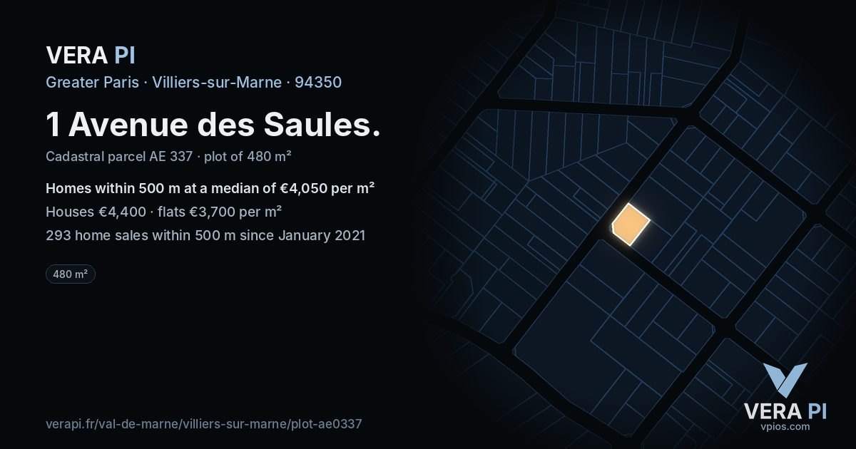 1 Avenue des Saules, Villiers-sur-Marne at night – the plot lit, the parcels around coloured by the prices near them