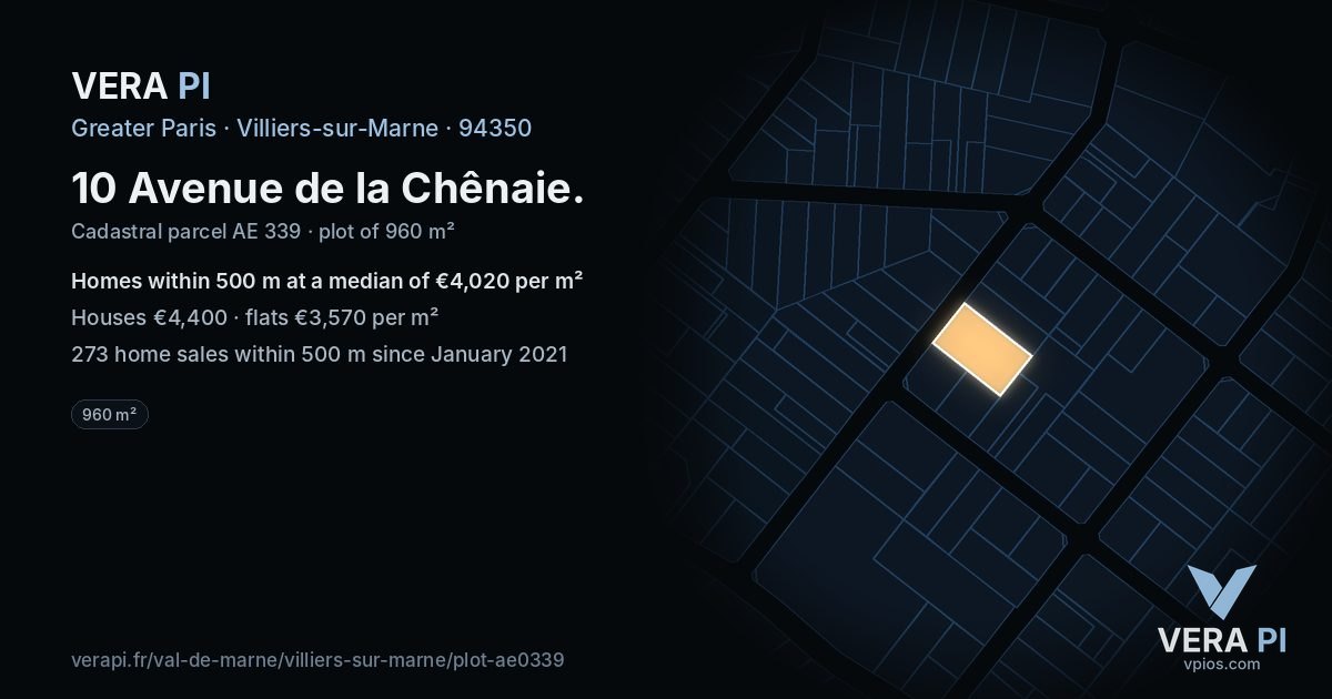 10 Avenue de la Chênaie, Villiers-sur-Marne at night – the plot lit, the parcels around coloured by the prices near them