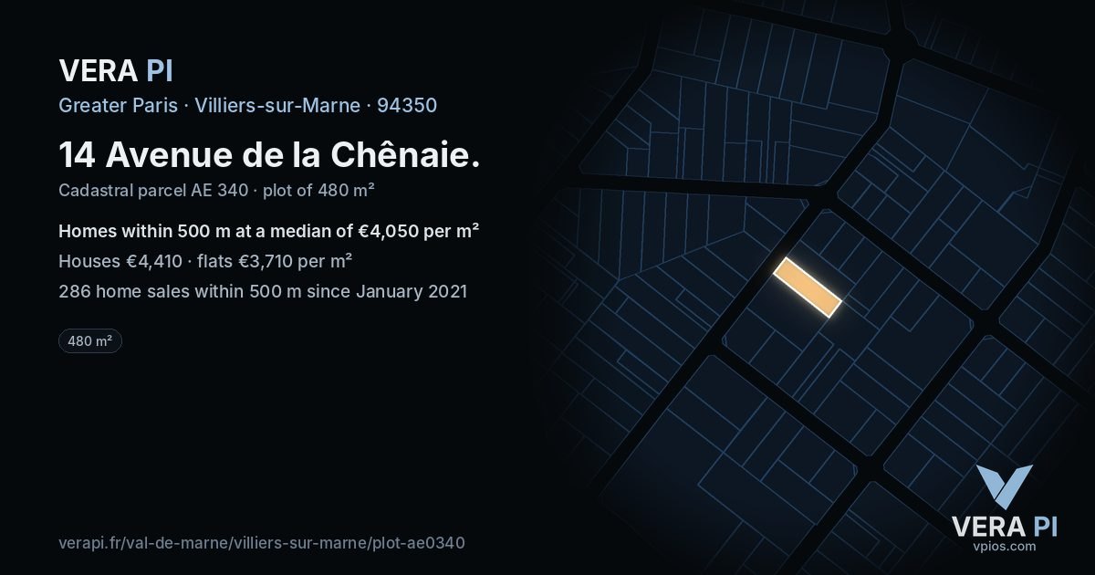 14 Avenue de la Chênaie, Villiers-sur-Marne at night – the plot lit, the parcels around coloured by the prices near them