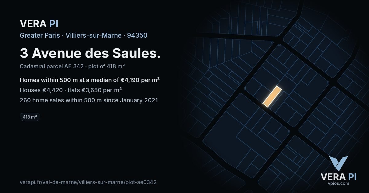 3 Avenue des Saules, Villiers-sur-Marne at night – the plot lit, the parcels around coloured by the prices near them