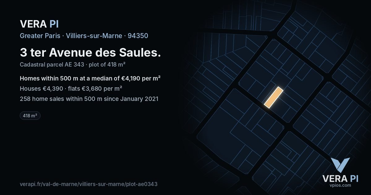 3 ter Avenue des Saules, Villiers-sur-Marne at night – the plot lit, the parcels around coloured by the prices near them