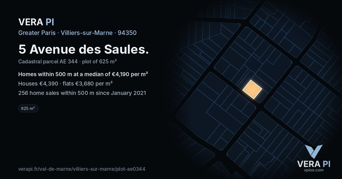 5 Avenue des Saules, Villiers-sur-Marne at night – the plot lit, the parcels around coloured by the prices near them