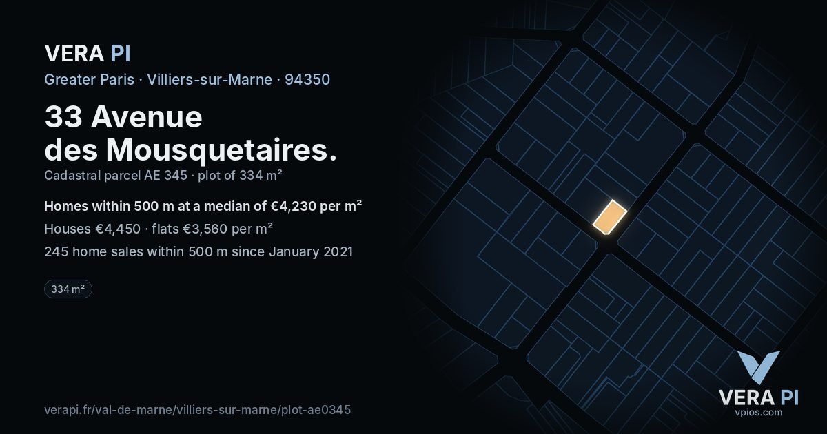 33 Avenue des Mousquetaires, Villiers-sur-Marne at night – the plot lit, the parcels around coloured by the prices near them