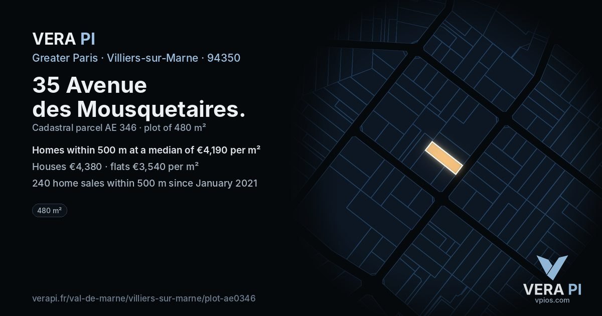 35 Avenue des Mousquetaires, Villiers-sur-Marne at night – the plot lit, the parcels around coloured by the prices near them