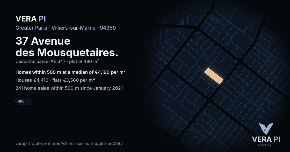 37 Avenue des Mousquetaires, Villiers-sur-Marne at night – the plot lit, the parcels around coloured by the prices near them