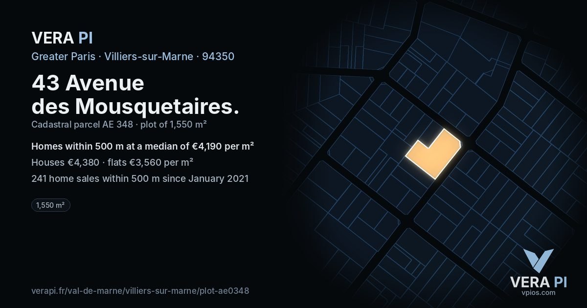 43 Avenue des Mousquetaires, Villiers-sur-Marne at night – the plot lit, the parcels around coloured by the prices near them