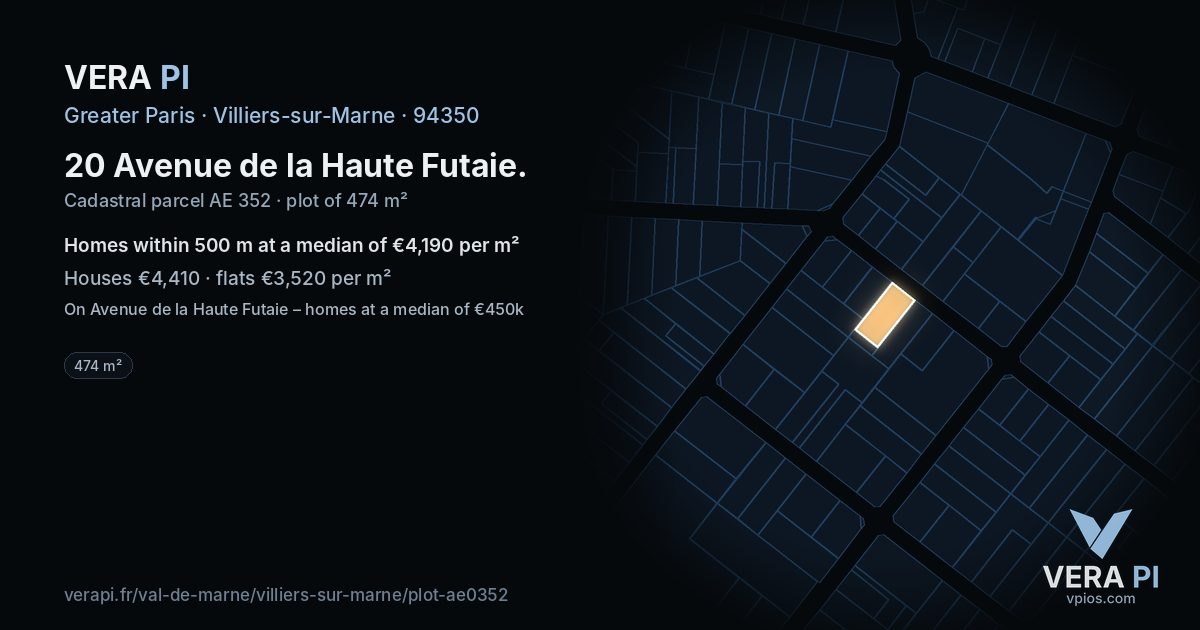 20 Avenue de la Haute Futaie, Villiers-sur-Marne at night – the plot lit, the parcels around coloured by the prices near them