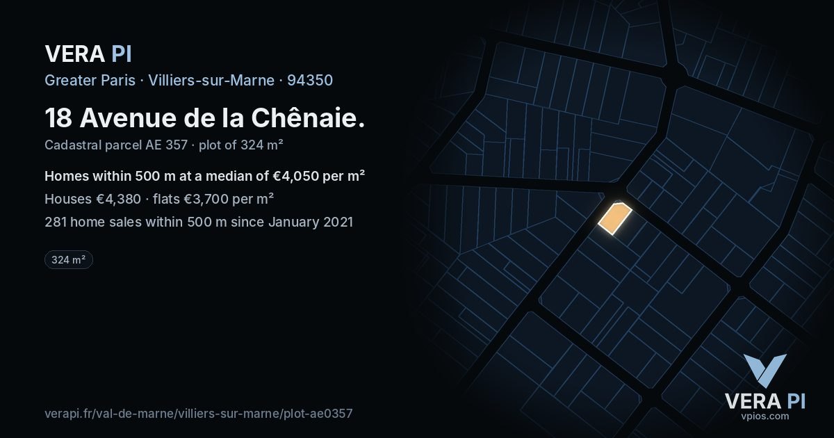 18 Avenue de la Chênaie, Villiers-sur-Marne at night – the plot lit, the parcels around coloured by the prices near them
