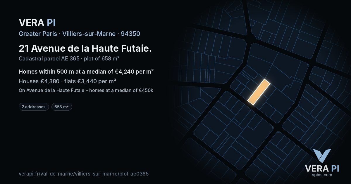 21 Avenue de la Haute Futaie, Villiers-sur-Marne at night – the plot lit, the parcels around coloured by the prices near them
