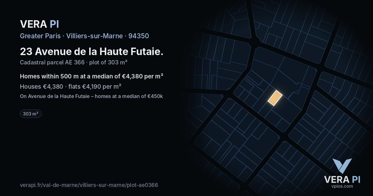 23 Avenue de la Haute Futaie, Villiers-sur-Marne at night – the plot lit, the parcels around coloured by the prices near them