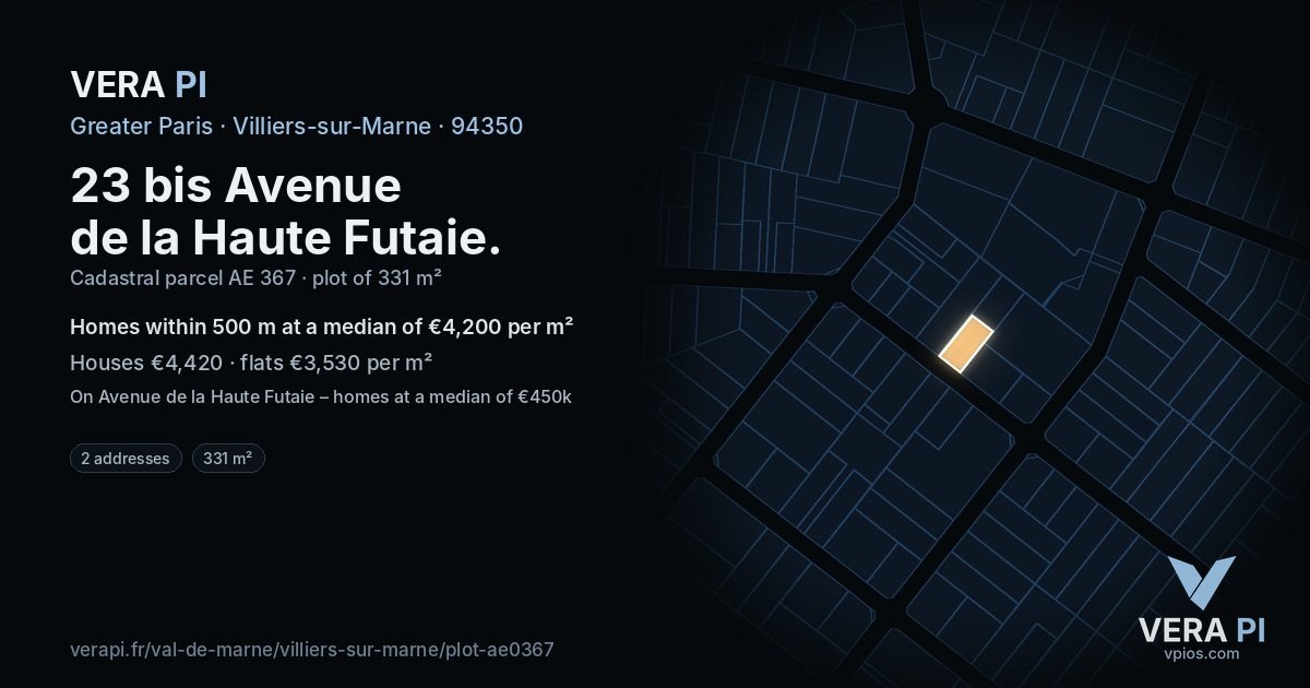 23 bis Avenue de la Haute Futaie, Villiers-sur-Marne at night – the plot lit, the parcels around coloured by the prices near them