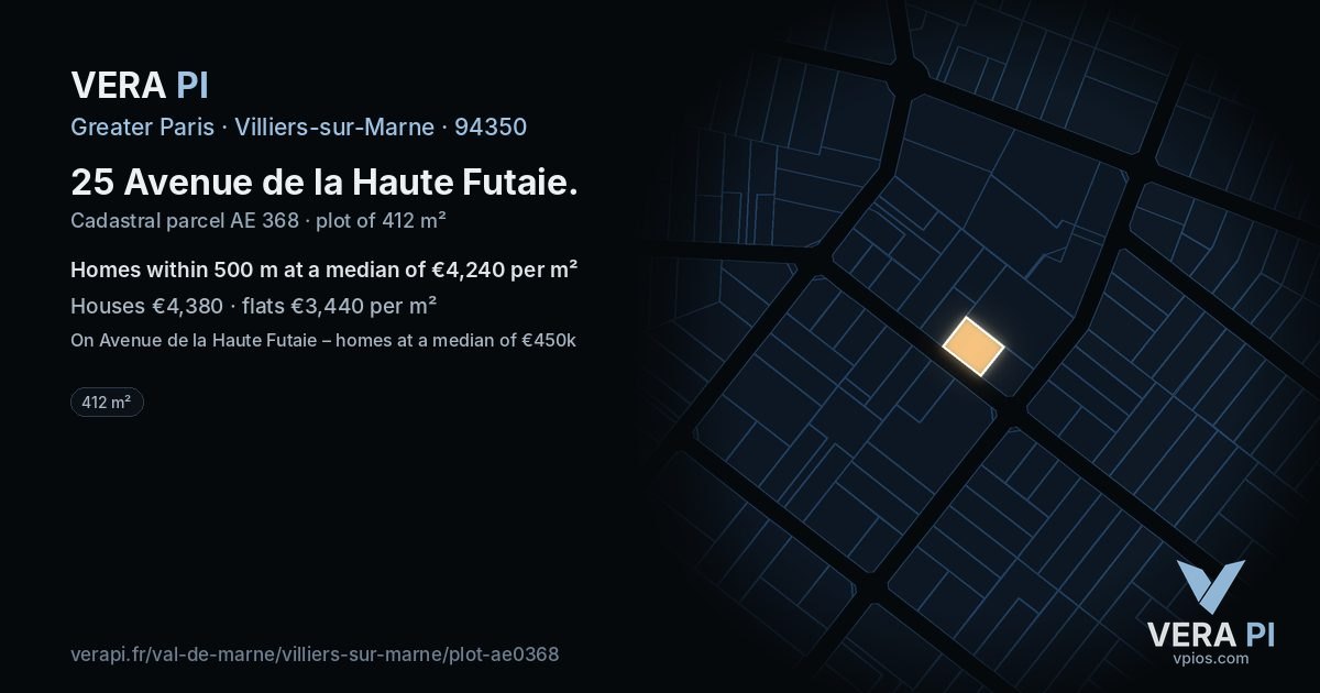 25 Avenue de la Haute Futaie, Villiers-sur-Marne at night – the plot lit, the parcels around coloured by the prices near them