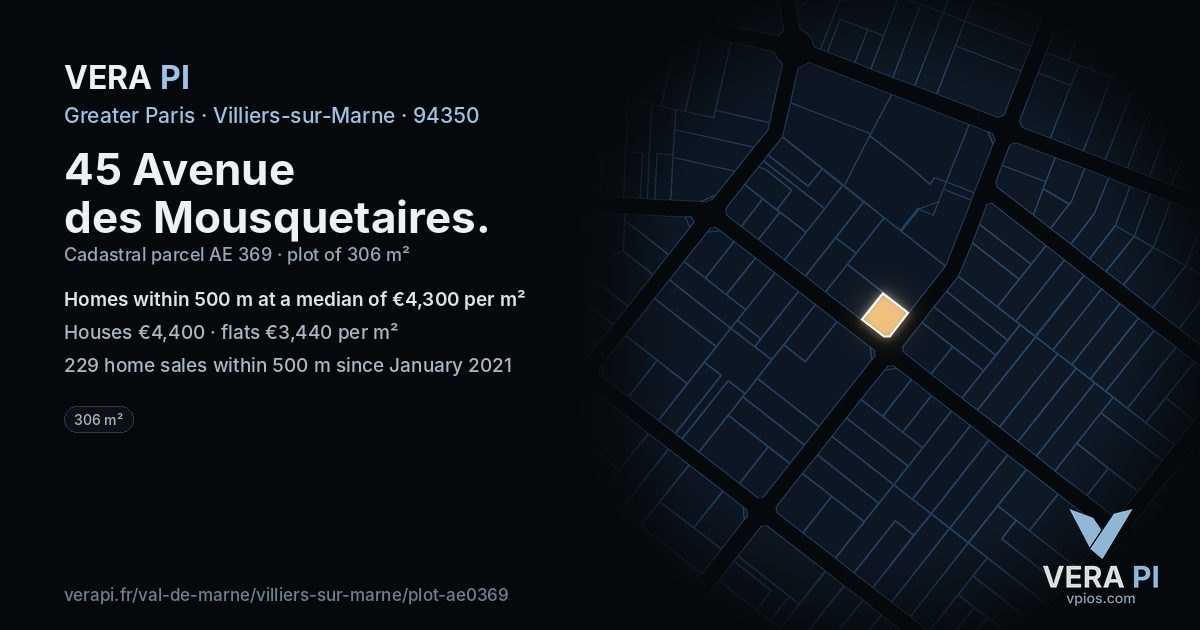 45 Avenue des Mousquetaires, Villiers-sur-Marne at night – the plot lit, the parcels around coloured by the prices near them