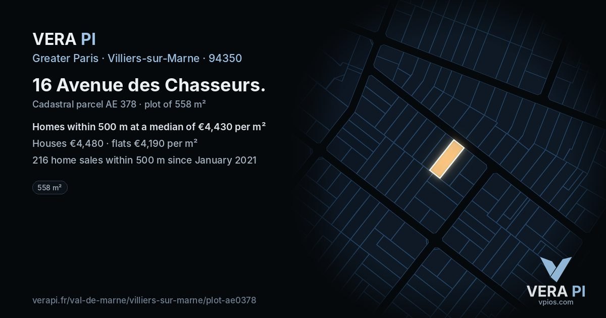 16 Avenue des Chasseurs, Villiers-sur-Marne at night – the plot lit, the parcels around coloured by the prices near them