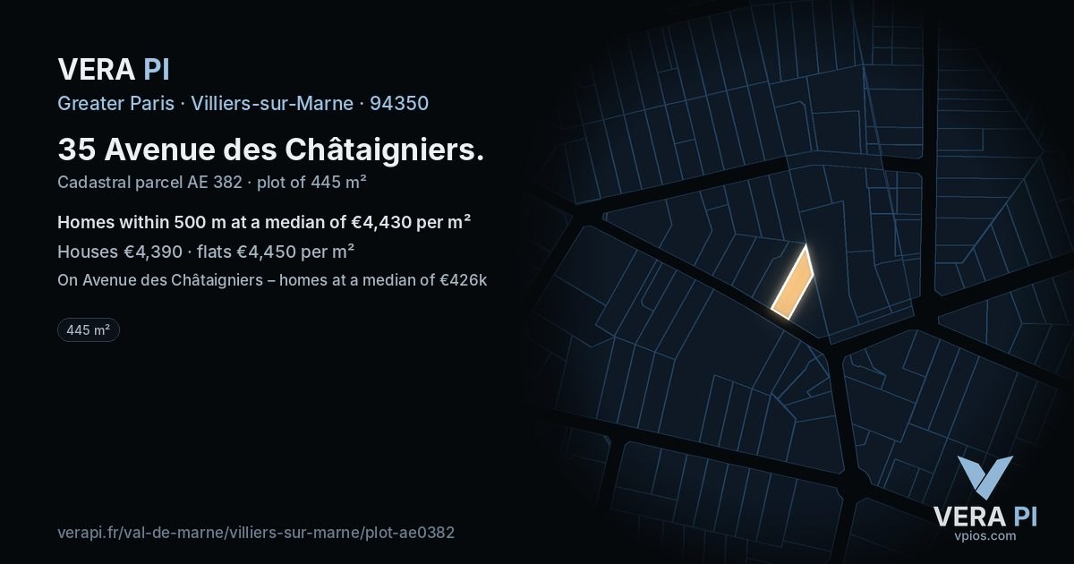 35 Avenue des Châtaigniers, Villiers-sur-Marne at night – the plot lit, the parcels around coloured by the prices near them