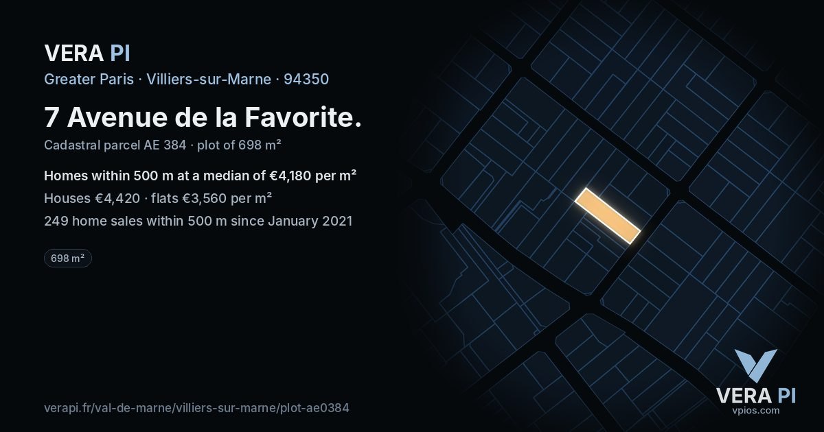 7 Avenue de la Favorite, Villiers-sur-Marne at night – the plot lit, the parcels around coloured by the prices near them