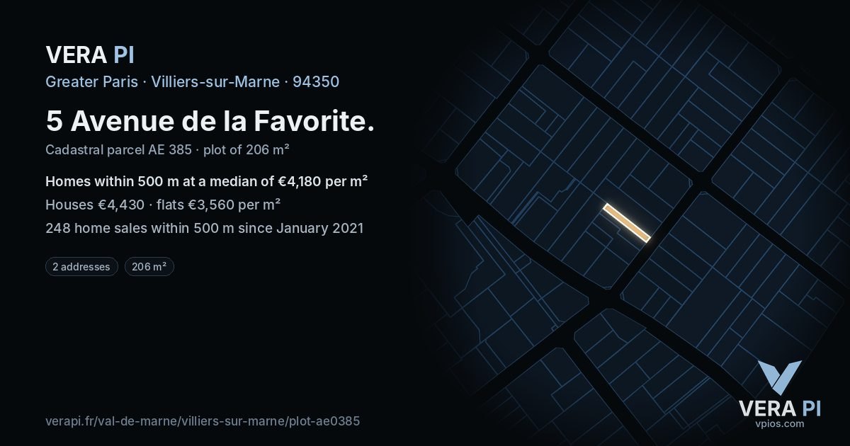 5 Avenue de la Favorite, Villiers-sur-Marne at night – the plot lit, the parcels around coloured by the prices near them