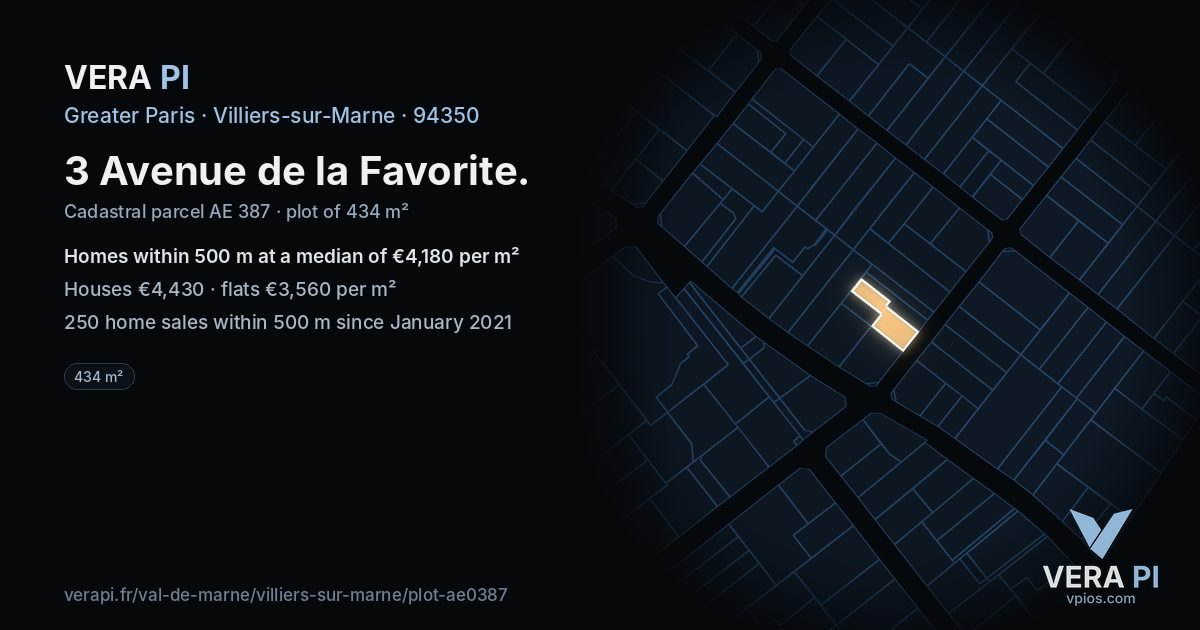 3 Avenue de la Favorite, Villiers-sur-Marne at night – the plot lit, the parcels around coloured by the prices near them