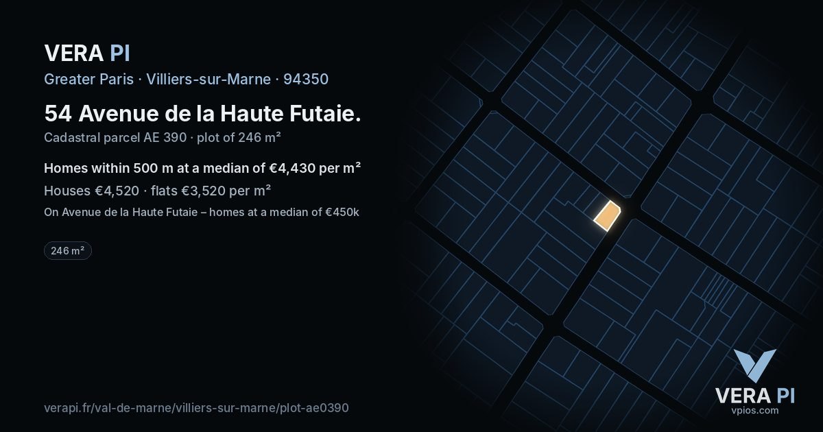 54 Avenue de la Haute Futaie, Villiers-sur-Marne at night – the plot lit, the parcels around coloured by the prices near them