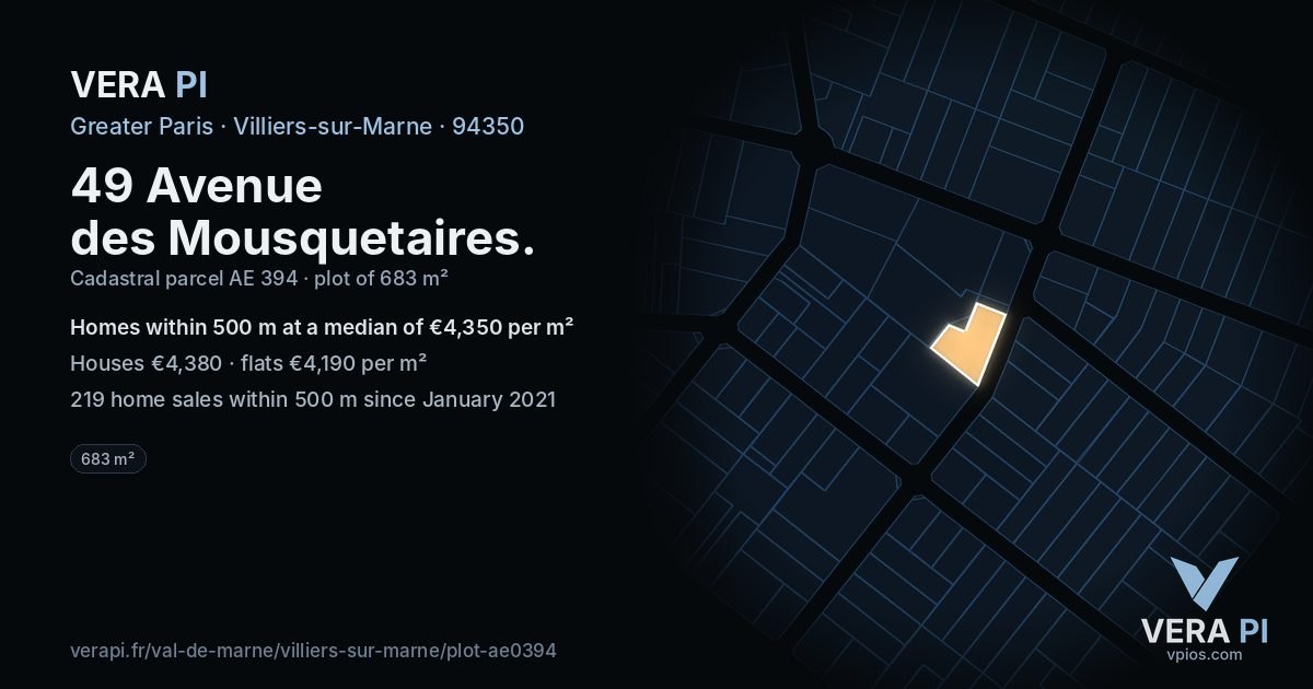 49 Avenue des Mousquetaires, Villiers-sur-Marne at night – the plot lit, the parcels around coloured by the prices near them