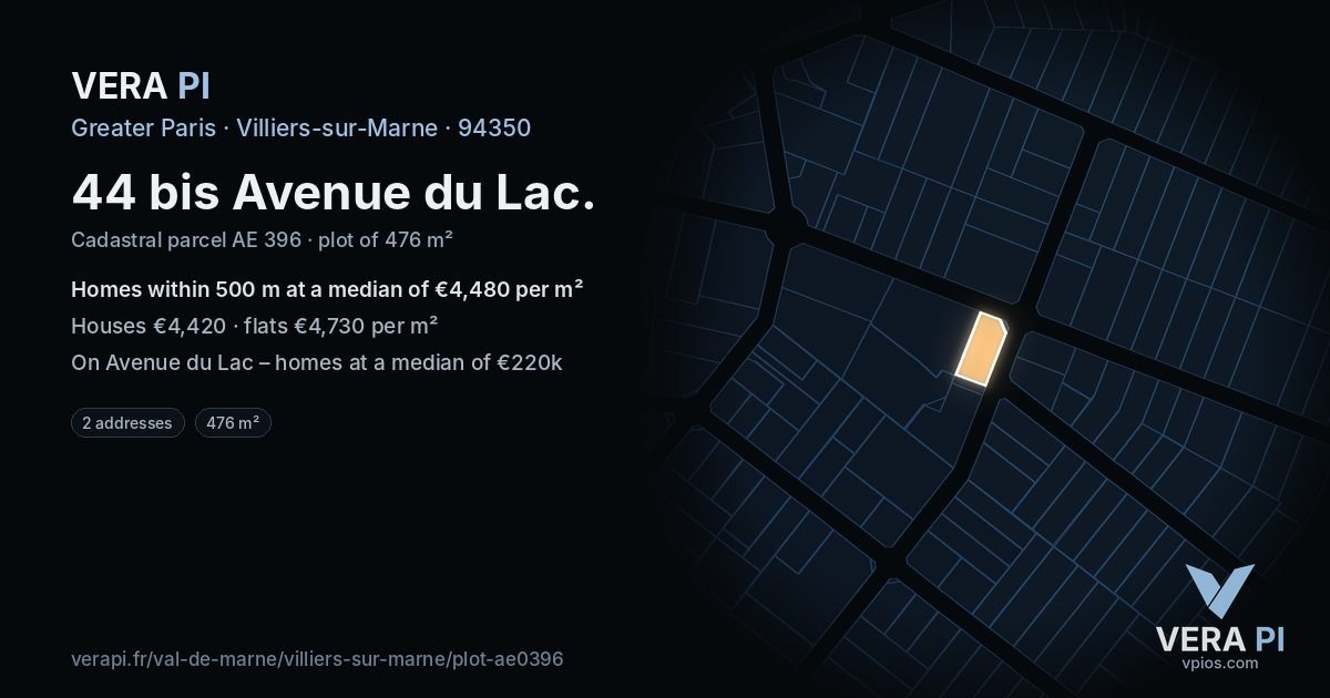44 bis Avenue du Lac, Villiers-sur-Marne at night – the plot lit, the parcels around coloured by the prices near them