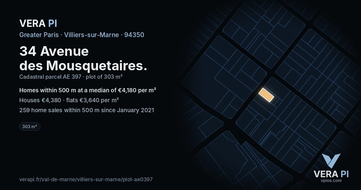 34 Avenue des Mousquetaires, Villiers-sur-Marne at night – the plot lit, the parcels around coloured by the prices near them