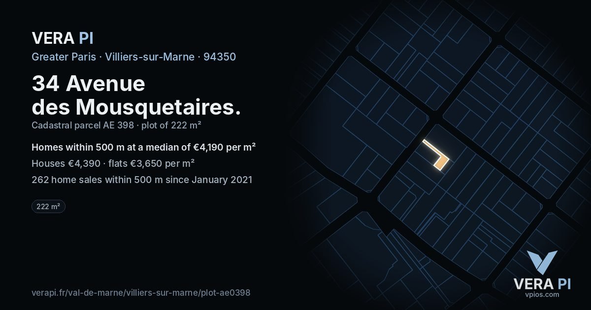 34 Avenue des Mousquetaires, Villiers-sur-Marne at night – the plot lit, the parcels around coloured by the prices near them