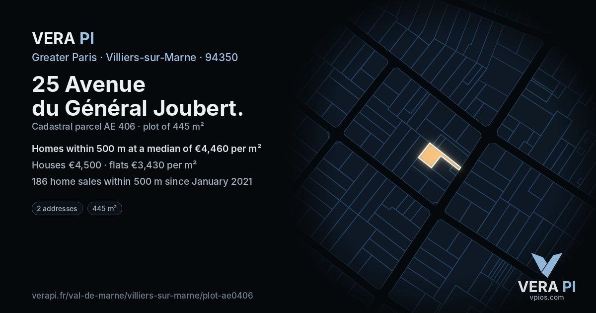 25 Avenue du Général Joubert, Villiers-sur-Marne at night – the plot lit, the parcels around coloured by the prices near them
